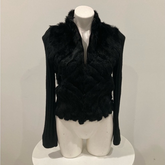 BEBE Black Genuine Rabbit Fur Zip Up Long Sleeve Sweater M - Picture 9 of 14